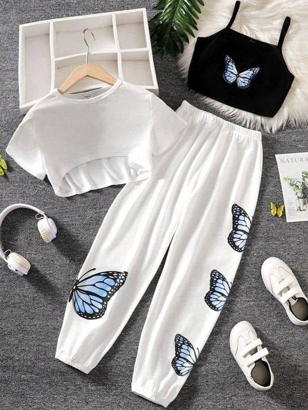 3 pc Tracksuit With Blue Butterfly Print - Zarar Outfit