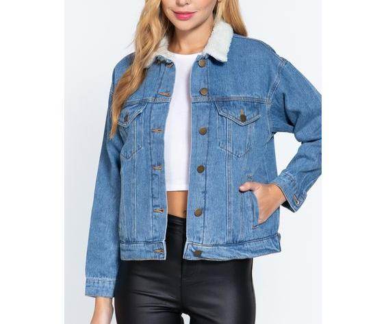 Collar Fur Denim Jacket - Zarar Outfit