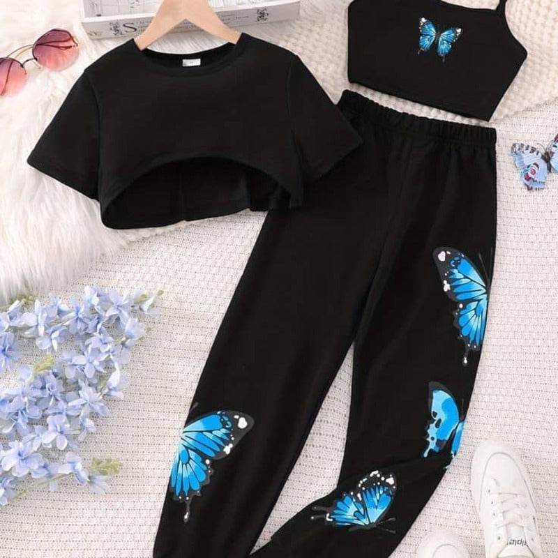 3 pc Tracksuit With Blue Butterfly Print - Zarar Outfit