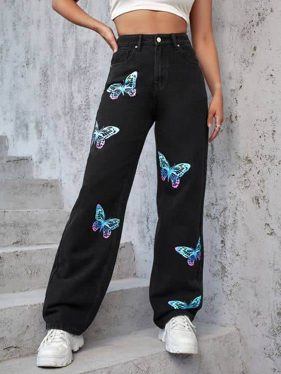 Blue Butterfly Wide Leg Jeans - Zarar Outfit