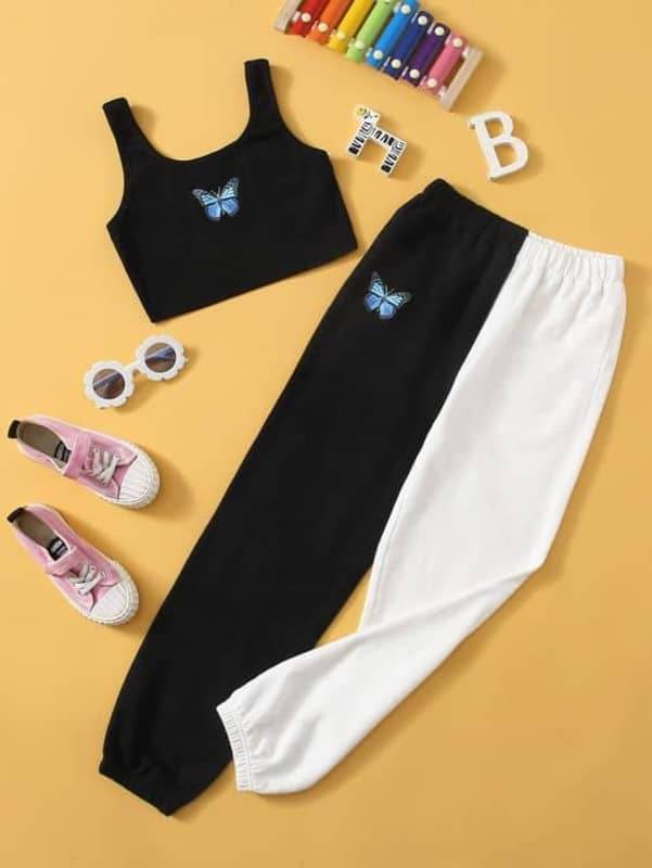 Half n Half Printed Crop tank top and Trouser with Butterfly - Zarar Outfit