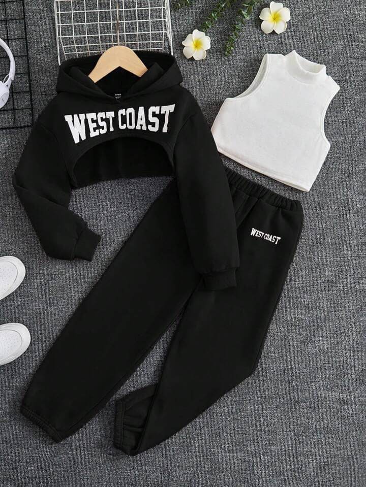 Ladies Letter Printed Sweatshirt & Pants & Solid Color Vest - Zarar Outfit