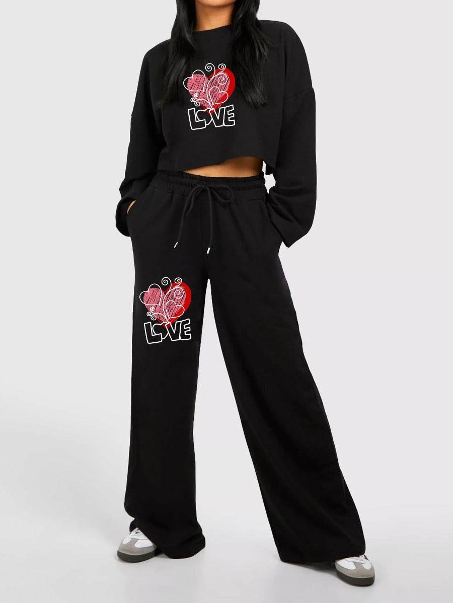 Crop Sweatshirt Love Wide Leg Tracksuit - Zarar Outfit
