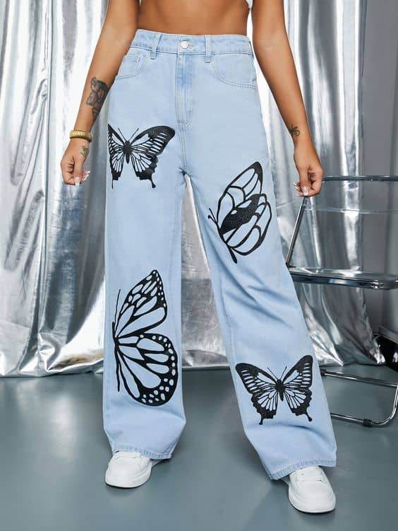 Sky Blue Butterfly Wide Leg Jeans - Zarar Outfit