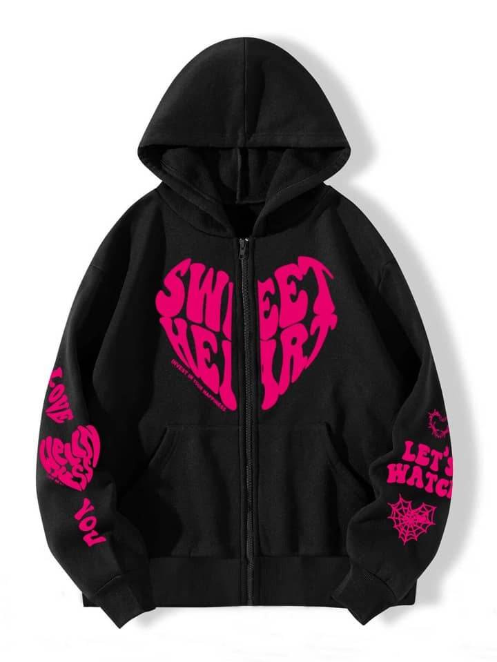 Letter & Heart Print Zip-Up - Zarar Outfit