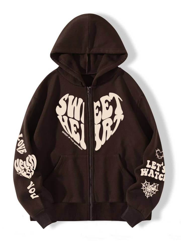 Letter & Heart Print Zip-Up - Zarar Outfit