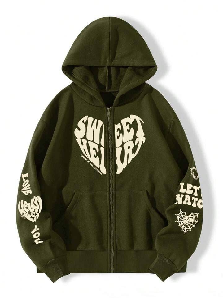Letter & Heart Print Zip-Up - Zarar Outfit