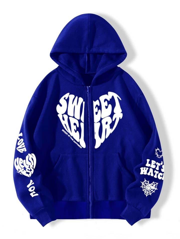 Letter & Heart Print Zip-Up - Zarar Outfit