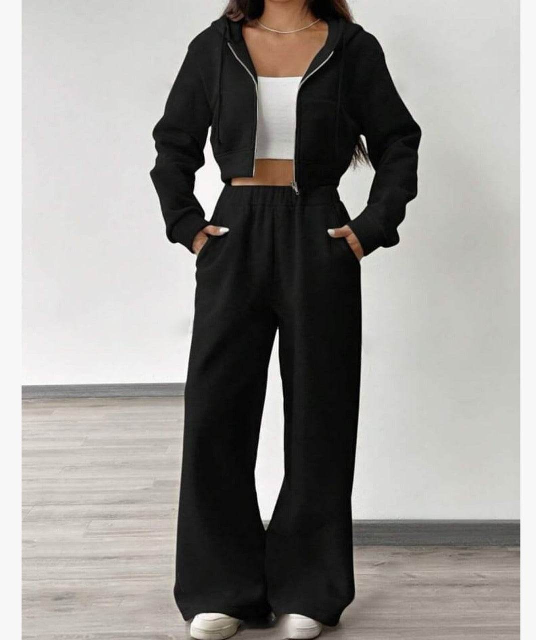 Crop Zipper Wide Leg Tracksuit - Zarar Outfit