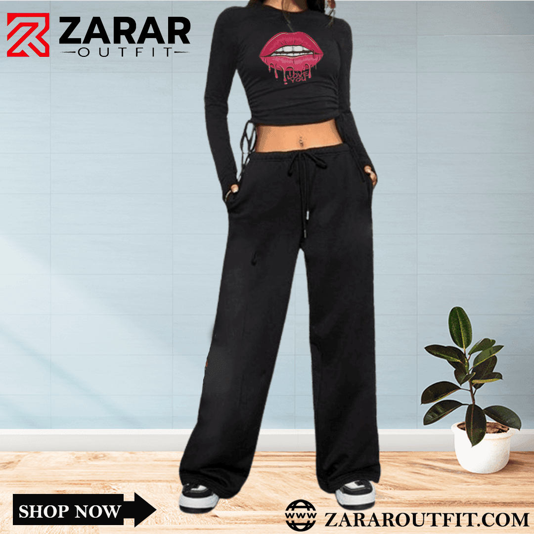 Lips Drawstring Wide Leg Tracksuit - Zarar Outfit